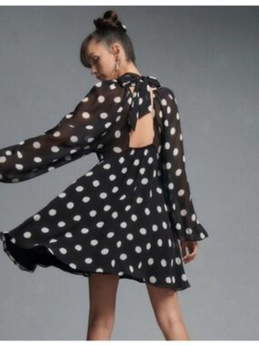 Maeve by Anthropologie Women's Black Long-Sleeve Sheer Polka Dot Mini Dress